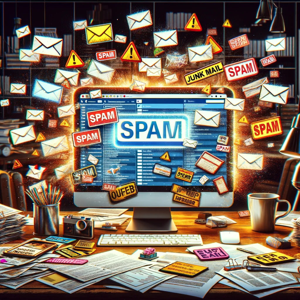 A digital artwork depicting the concept of email spam. The scene includes a computer screen overflowing with emails, marked with spam icons such as ju